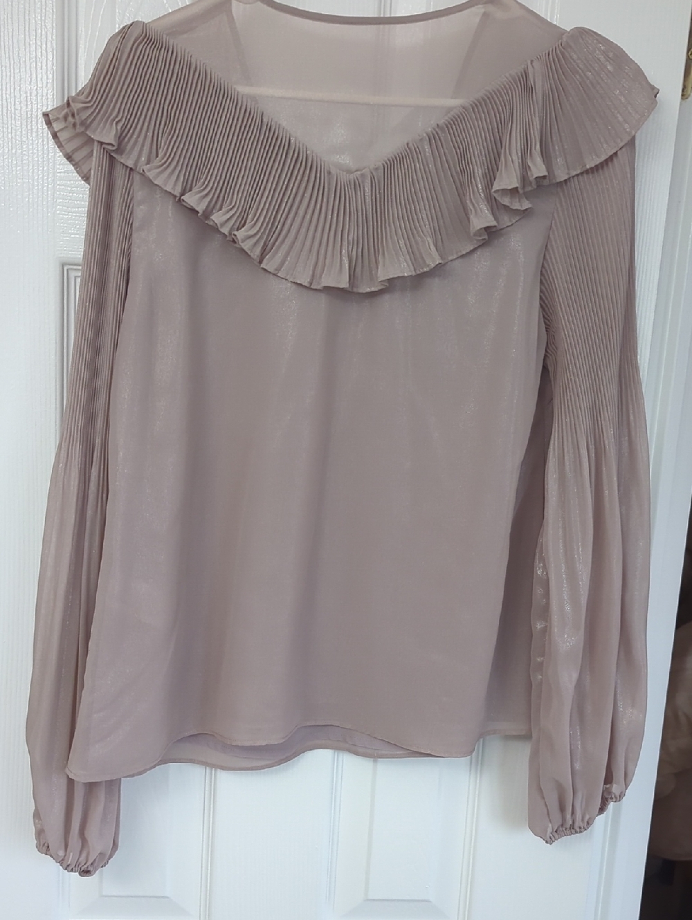 Adelyn Rae Pleated Ruffle V-Neck Blouse - Taupe - Picture 5 of 9